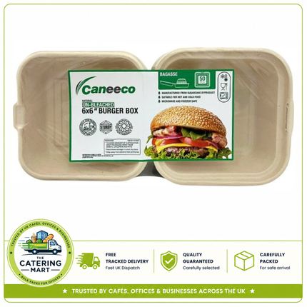 Caneeco 50 natural unbleached 6 x 6 inch compostable sugarcane bagasse burger boxes
