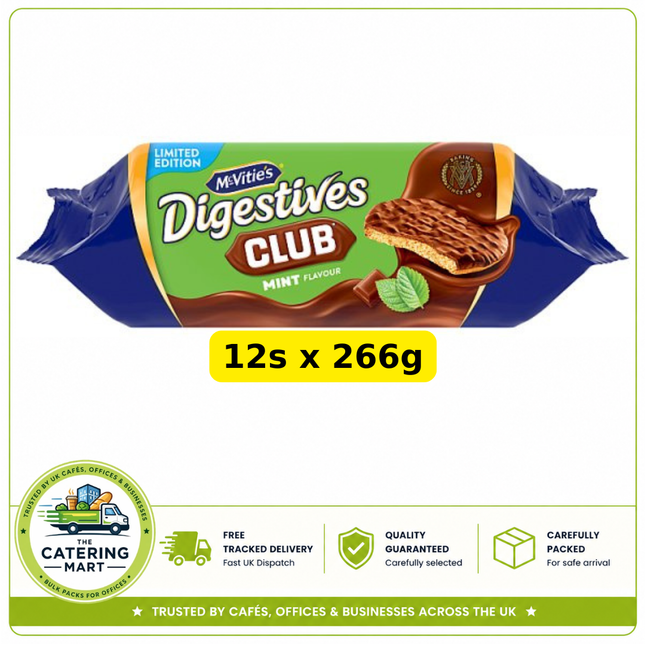 McVitie's Club Mint Chocolate Digestives wholesale case containing 12 x 266g packs of mint chocolate biscuits