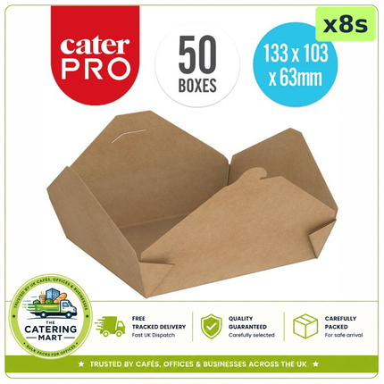 CaterPro 800ml Kraft Food Boxes with Folded Lids wholesale case containing 8 packs of 50 boxes