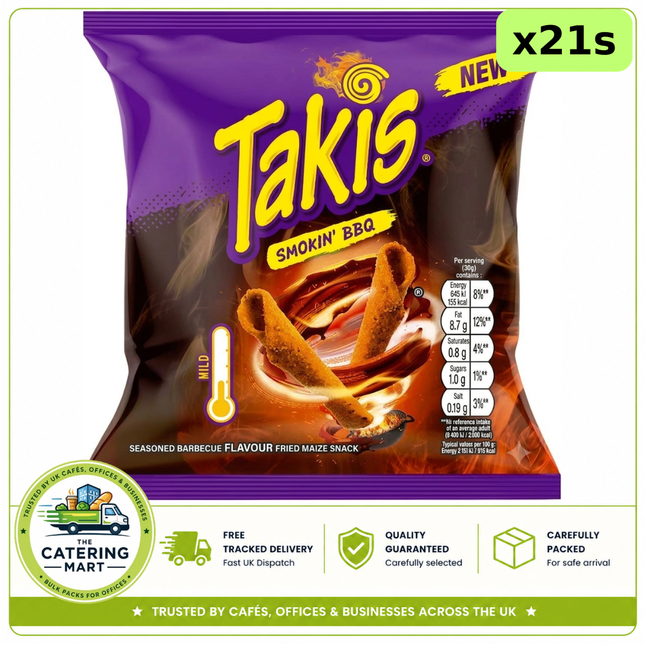 Takis Smokin' BBQ Flavour Corn Snacks wholesale case containing 21 x 55g packs