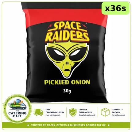 Space Raiders Pickled Onion Crisps wholesale case containing 36 x 30g individual snack packs