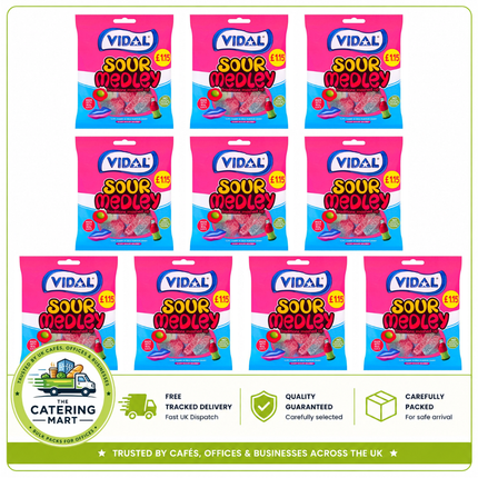 Vidal Sour Medley Tutti Cherry and Cola Flavour wholesale case containing 10 x 140g bags of colourful sour sweets