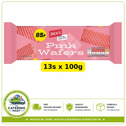 Jack's Pink Wafers wholesale case containing 13 x 100g packs of light crisp pink wafer biscuits