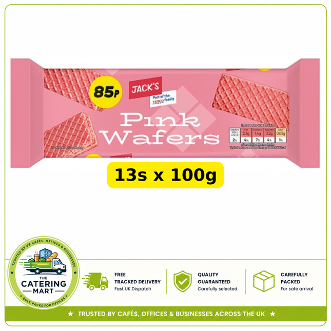 Jack's Pink Wafers wholesale case containing 13 x 100g packs of light crisp pink wafer biscuits