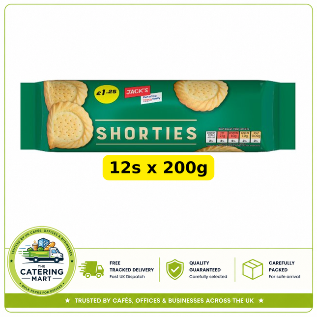 Jack's Shorties wholesale case containing 12 x 200g packs of crisp and crumbly shortbread-style biscuits
