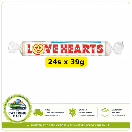 Swizzels Love Hearts Giant Roll wholesale case containing 24 individually wrapped 39g sweet rolls