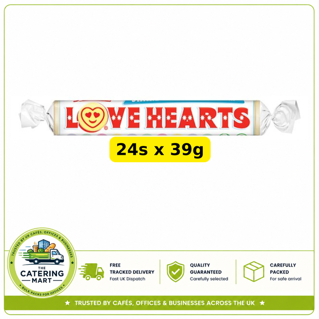 Swizzels Love Hearts Giant Roll wholesale case containing 24 individually wrapped 39g sweet rolls
