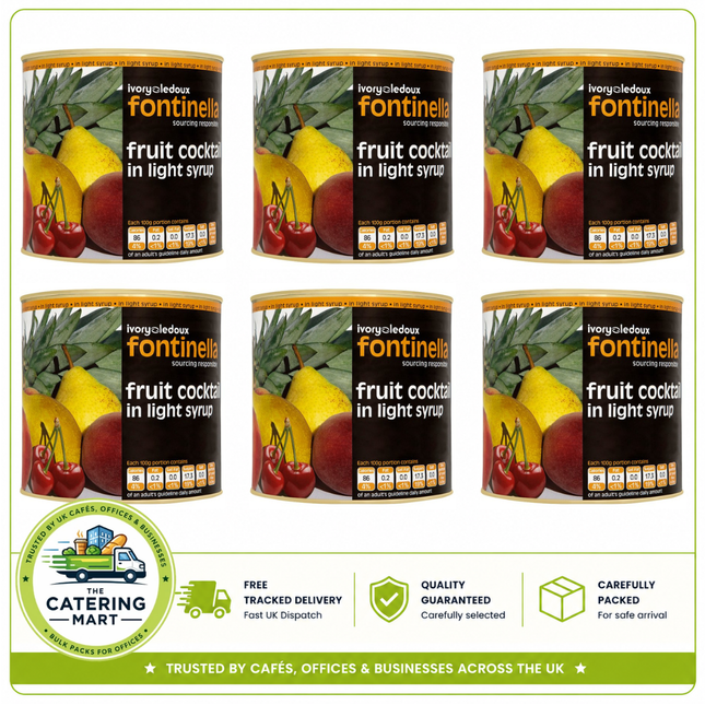 Fontinella Fruit Cocktail in Light Syrup 6 x 2.60kg wholesale case containing six cans of mixed canned fruit