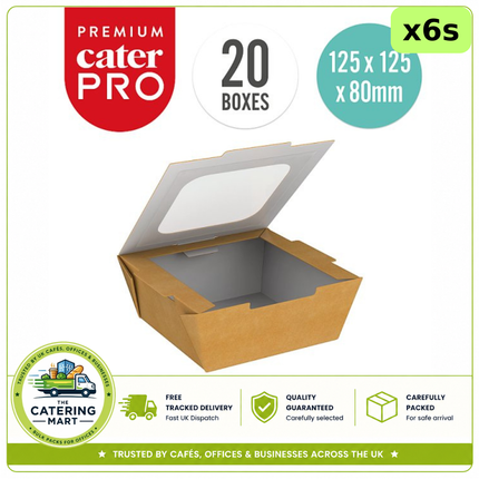 CaterPro Premium 6 x 20 kraft food boxes with windowed folded lids 900ml for bulk wholesale takeaway food packaging