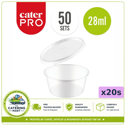CaterPro 20 x 50 plastic PP sauce pots with hinged lids 28ml for bulk wholesale takeaway food packaging