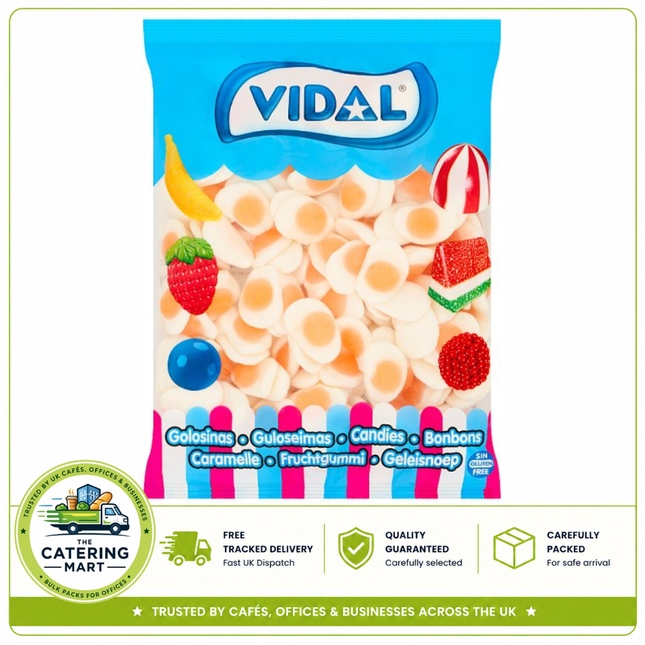 Vidal Fried Eggs 1kg wholesale bag containing colourful soft foam egg-shaped sweets
