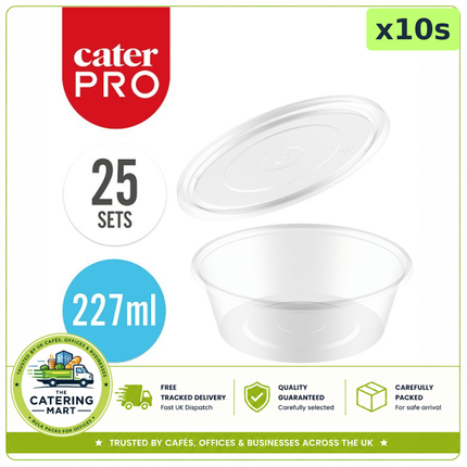 CaterPro 10 x 25 plastic PP deli pots with lids 227ml for bulk wholesale food packaging