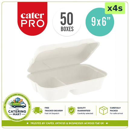 CaterPro 4 x 50 bagasse dual compartment food boxes with hinged lids, 200 boxes total