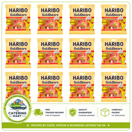 HARIBO Goldbears wholesale case containing 12 x 140g sharing bags of colourful fruit-flavoured jelly sweets