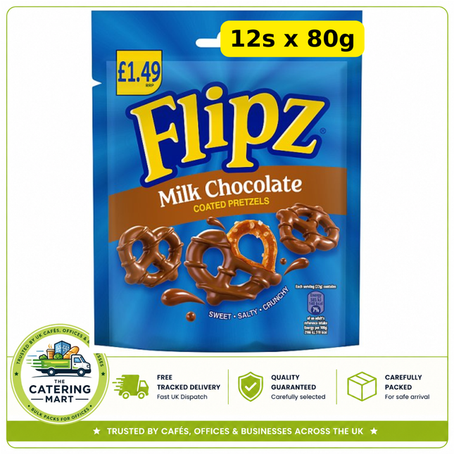 Flipz Milk Chocolate Coated Pretzel Snacks wholesale case containing 12 x 80g packs