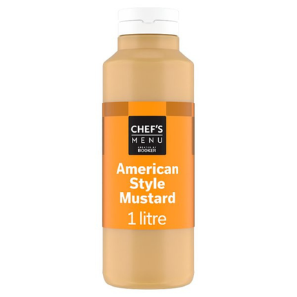 Chef's Menu American Style Mustard 1L catering pack of smooth tangy mustard for burgers, hot dogs, sandwiches, wraps and professional foodservice