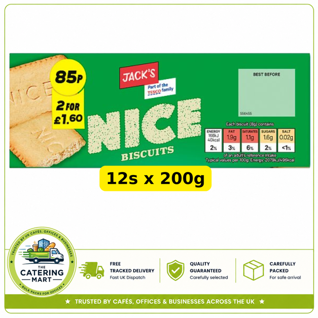 Jack's Nice Biscuits wholesale case containing 12 x 200g packs of classic crisp sweet biscuits