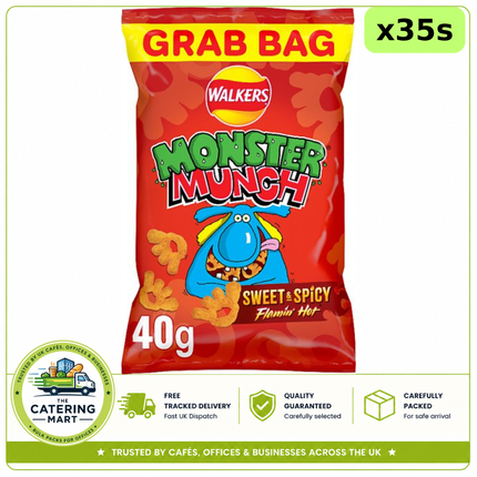 Walkers Monster Munch Sweet & Spicy Snacks wholesale case containing 35 x 40g grab bags