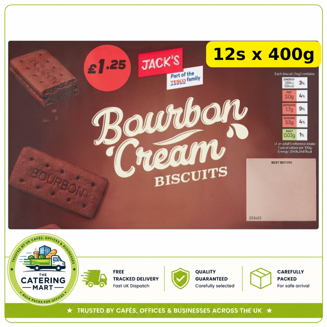Jack's Bourbon Cream Biscuits wholesale case containing 12 x 400g packs
