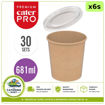 CaterPro Premium 6 x 30 kraft food pots with plastic PP lids 681ml, 180 pots for takeaway and catering