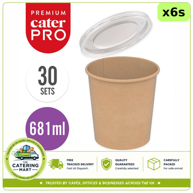 CaterPro Premium 6 x 30 kraft food pots with plastic PP lids 681ml, 180 pots for takeaway and catering