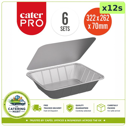 CaterPro 12 x 6 aluminium foil rectangular deep trays with foil lined lids, 72 sets