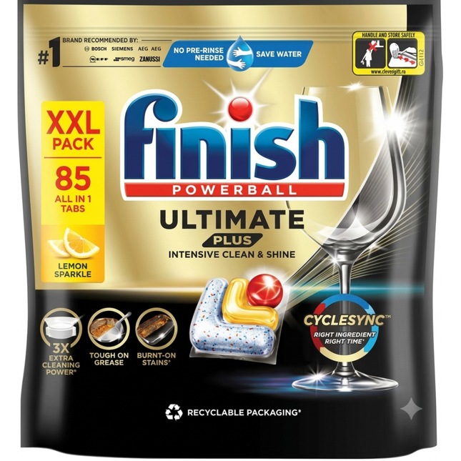 Finish Ultimate Plus All in One Lemon dishwasher tablets, pack of 85 tablets for powerful cleaning and sparkling dishes