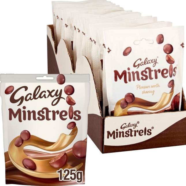 Galaxy Minstrels Milk Chocolate Buttons Pouch Bags 125g, wholesale case of 15.