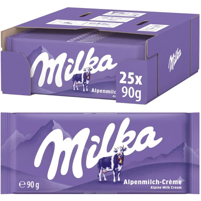 Milka Alpine Milk Chocolate Bars 90g, wholesale case of 25.