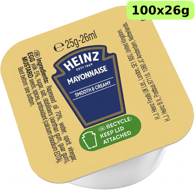 Heinz Smooth & Creamy Mayonnaise Dip Portions catering case containing 100 x 26ml individual servings.