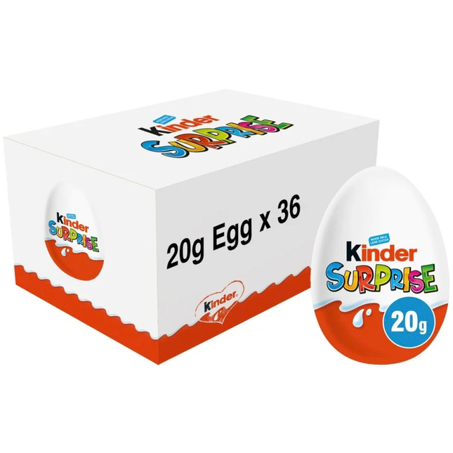 Kinder Surprise Milk Chocolate Eggs with surprise toys, wholesale case of 36 individually packaged 20g eggs