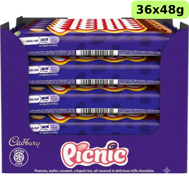 Cadbury Picnic Chocolate Bars 48g with peanuts, caramel, wafer, biscuit and crispy cereal, supplied in a wholesale case of 36