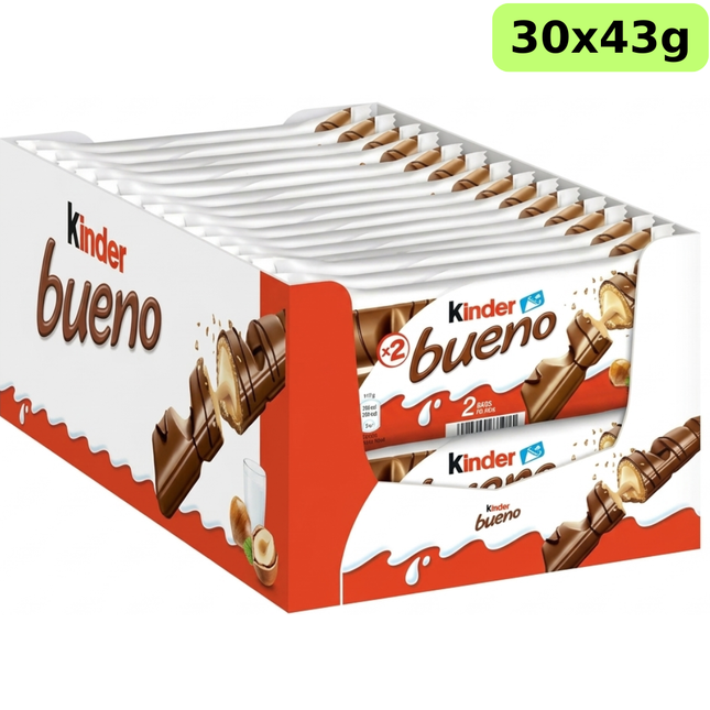 Kinder Bueno Milk Chocolate and Hazelnut Twin Bar 43g packs in a wholesale case of 30