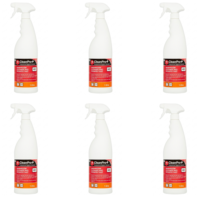 CleanPro+ Washroom Cleaner and Disinfectant 1 litre bottles in a wholesale case of 6