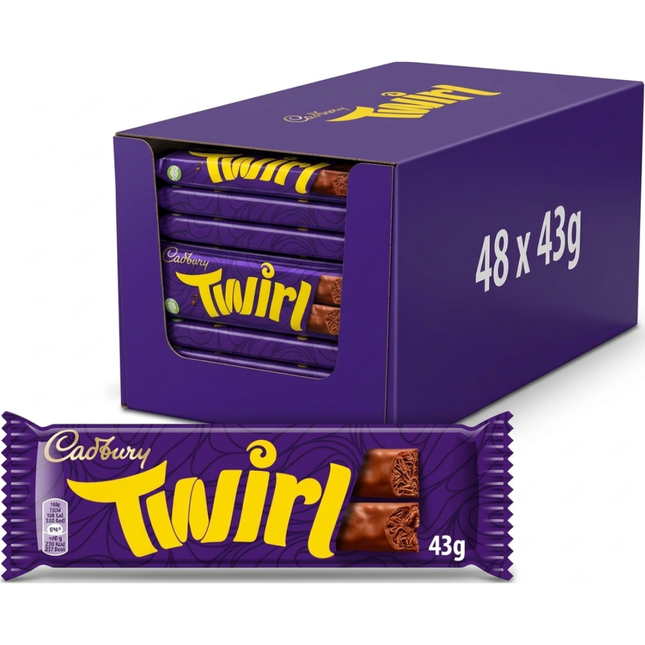 Cadbury Twirl Milk Chocolate Bars 43g with swirled chocolate layers, supplied in a wholesale case of 48 bars