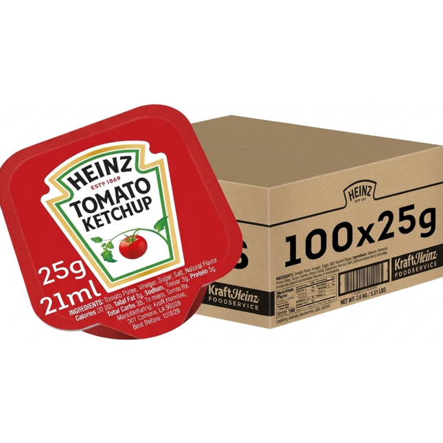 Heinz Tomato Ketchup Sachets catering pack containing 100 individual 25g portions.