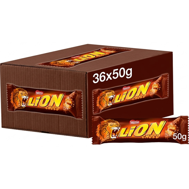 Nestlé Lion Milk Chocolate Bars in a wholesale case of 36 individually wrapped 50g bars