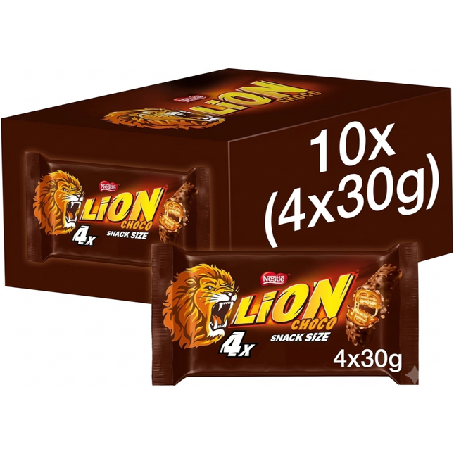 Lion Milk Chocolate Snacksize Bar Multipacks 120g, wholesale case of 10 four-bar packs.