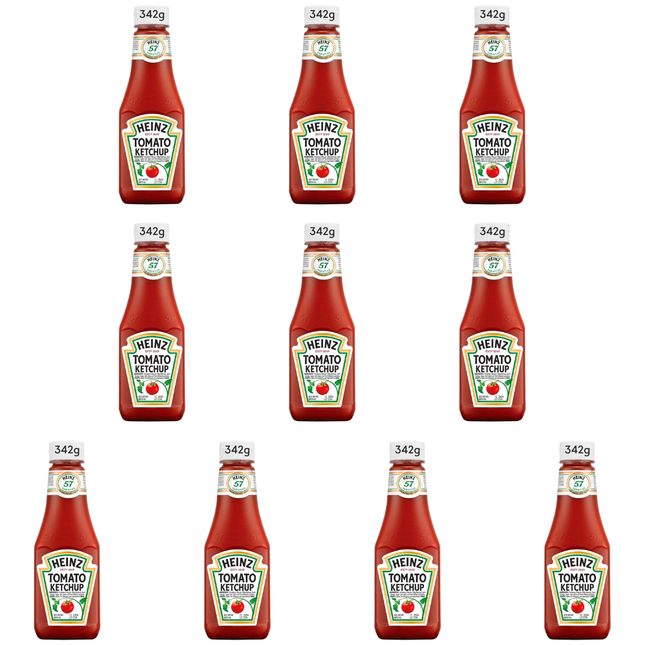 Heinz Tomato Ketchup wholesale case containing 10 bottles of 342g classic tomato ketchup.