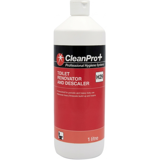 CleanPro+ Toilet Descaler & Renovator in a 1 litre bottle for commercial toilet and washroom cleaning

