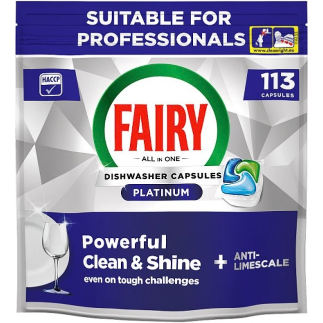 Fairy Professional Platinum all-in-one dishwasher capsules, pack of 113 washes for commercial kitchens