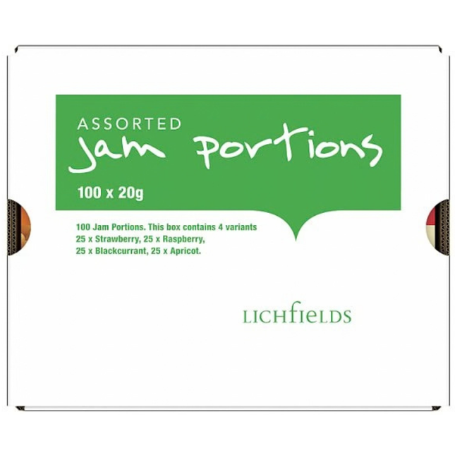 Lichfields Assorted Jam Portions 100 x 20g strawberry raspberry blackcurrant and apricot jam pots