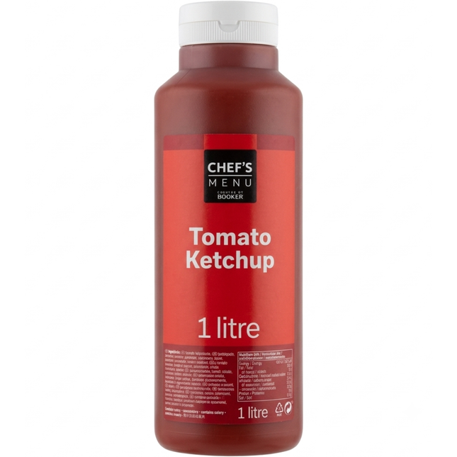 Chef's Menu Tomato Ketchup 1 litre bottle for burgers, chips, sandwiches and professional catering kitchens.