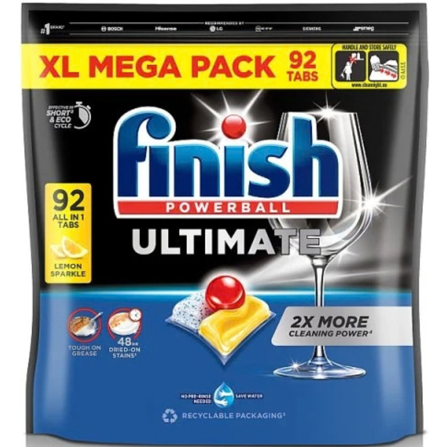 Finish Ultimate Lemon All in One dishwasher tablets, pack of 92 tablets for powerful cleaning and sparkling dishes