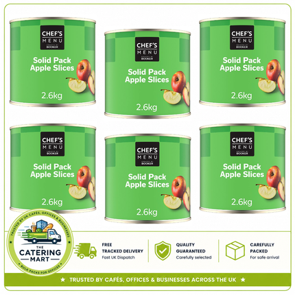 Chef's Menu Solid Pack Apple Slices wholesale case containing 6 x 2.6kg tins of canned apple