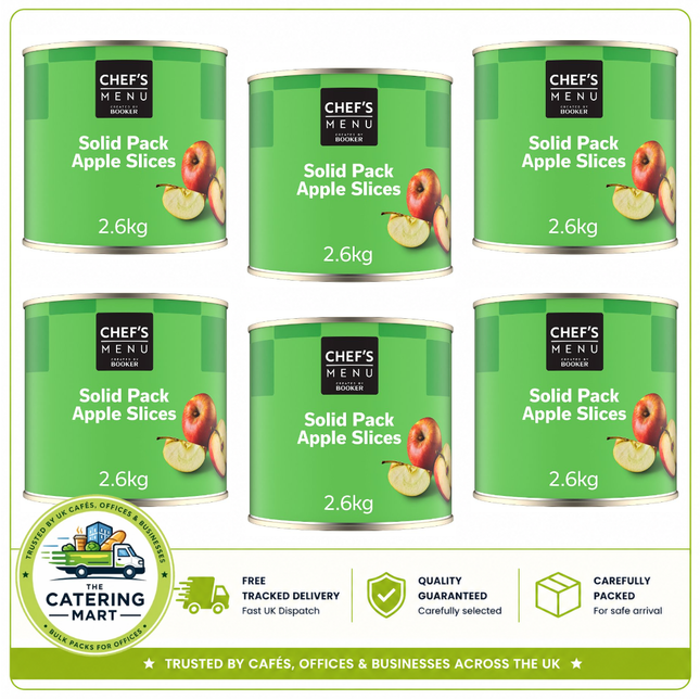 Chef's Menu Solid Pack Apple Slices wholesale case containing 6 x 2.6kg tins of canned apple