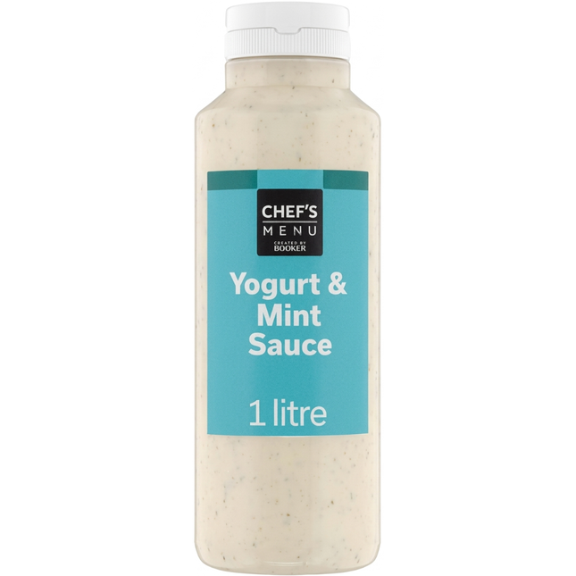 Chef's Menu Yogurt & Mint Sauce 1 litre bottle of creamy yoghurt and mint sauce for catering and foodservice.