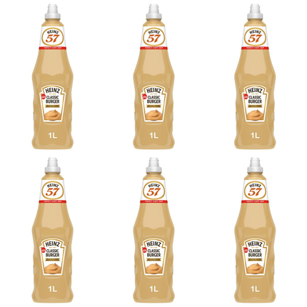 Heinz Classic Burger Sauce wholesale case containing 6 x 1L packs of creamy tangy burger sauce for burgers, sandwiches, wraps, loaded fries and foodservice