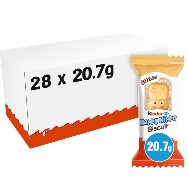 Kinder Happy Hippo Milk and Hazelnut Wafer Biscuit Snacks in a wholesale case of 28 x 20.7g packs