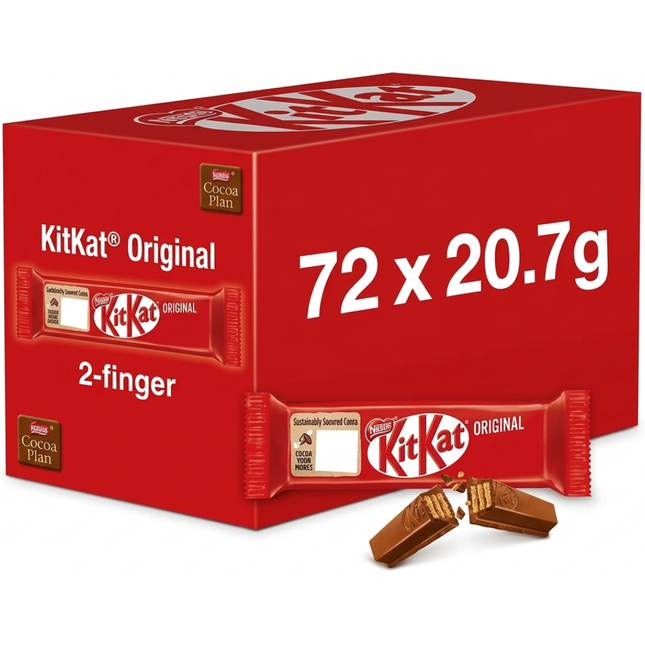 KitKat 2 Finger Milk Chocolate Biscuit Bars in a wholesale case of 72 x 20.7g individually wrapped bars